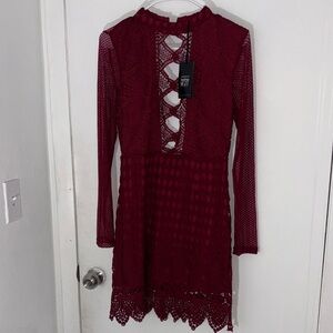 Sold Boohoo Burgundy Lace Long Sleeve Dress